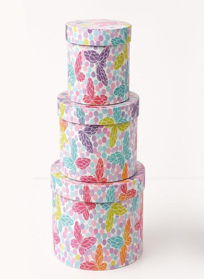 اويسيس مجموعة أواسيس من 3 صناديق هدايا دائرية لعيد الحب وسلال الزهور مع غطاء | صندوق باقة كلاسيكي لتنسيقات الزهور وسلال الهدايا | صندوق تغليف هدايا مزخرف ببطانة مقاومة للماء - مطبوع عليه فراشات متعددة الألوان - Image 2